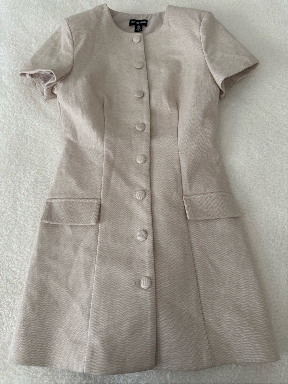 PrettyLittleThing Cream Short Sleeve Button Front A-Line Dress